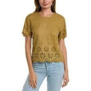 Madewell Womens XL Eyelet Top Blouse Olive Green Linen Blend Tie Back Cut Out